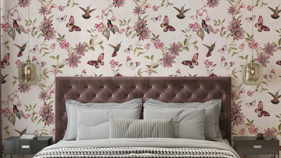Whimsical Botanical Garden Wallpaper with birds and blooming flowers.

