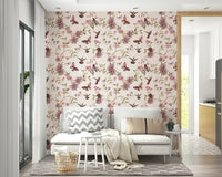Romantic floral mural with detailed illustration of nature.

