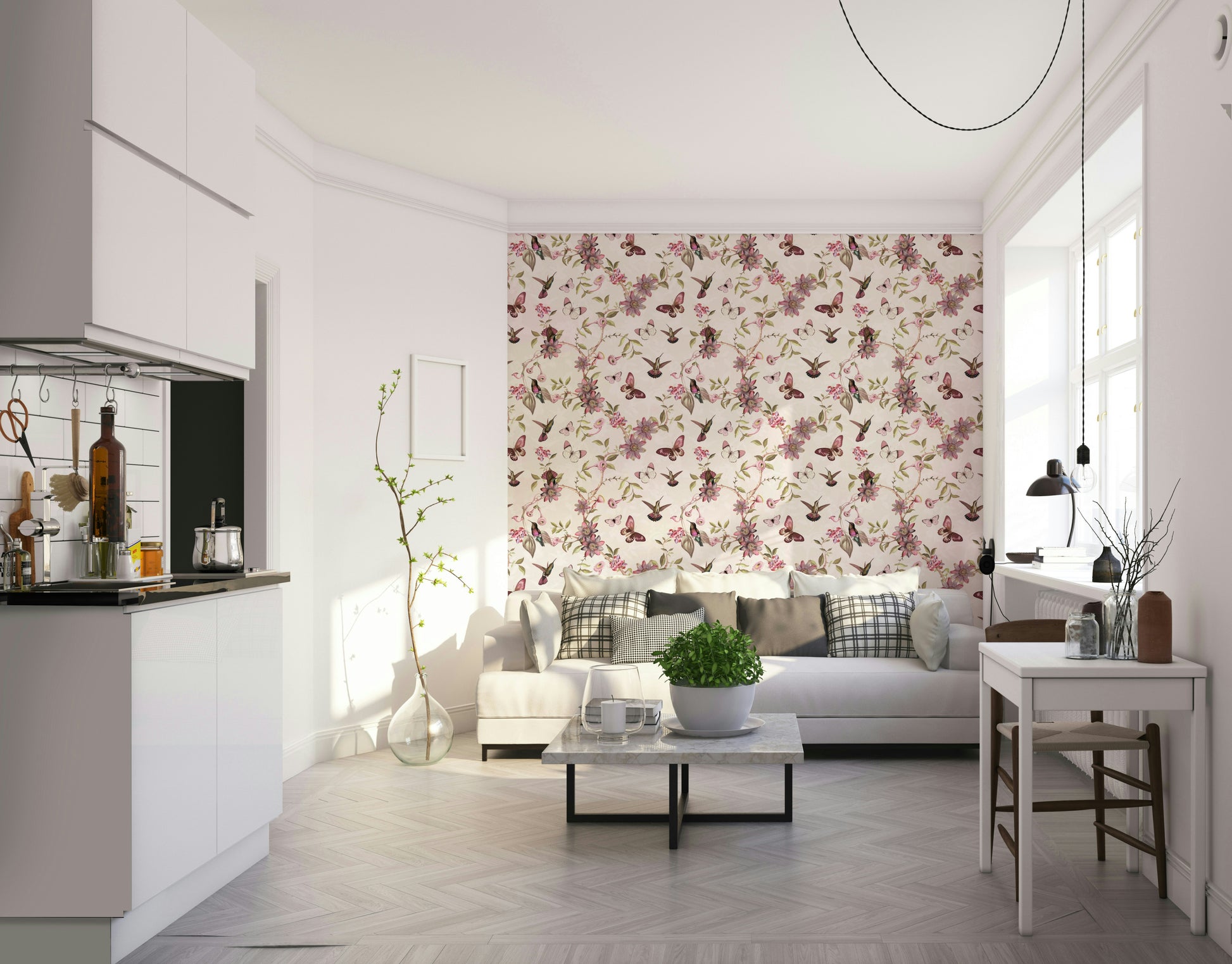 Whimsical wallpaper showing birds among delicate garden blooms.

