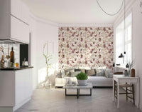 Whimsical wallpaper showing birds among delicate garden blooms.

