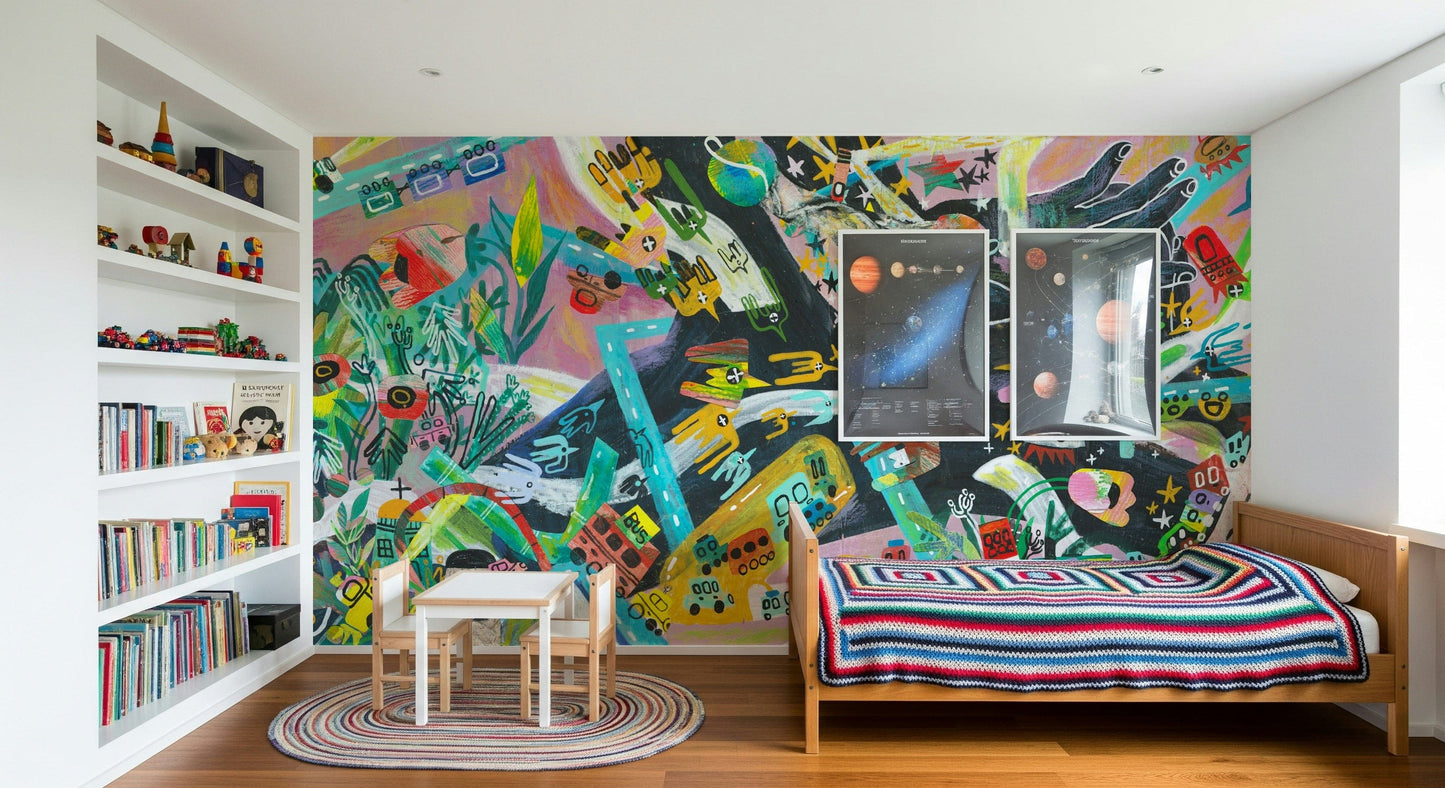 Urban Sprawl Symphony wallpaper mural with vivid city art in a kids room with striped blanket bed, white bookshelf and posters