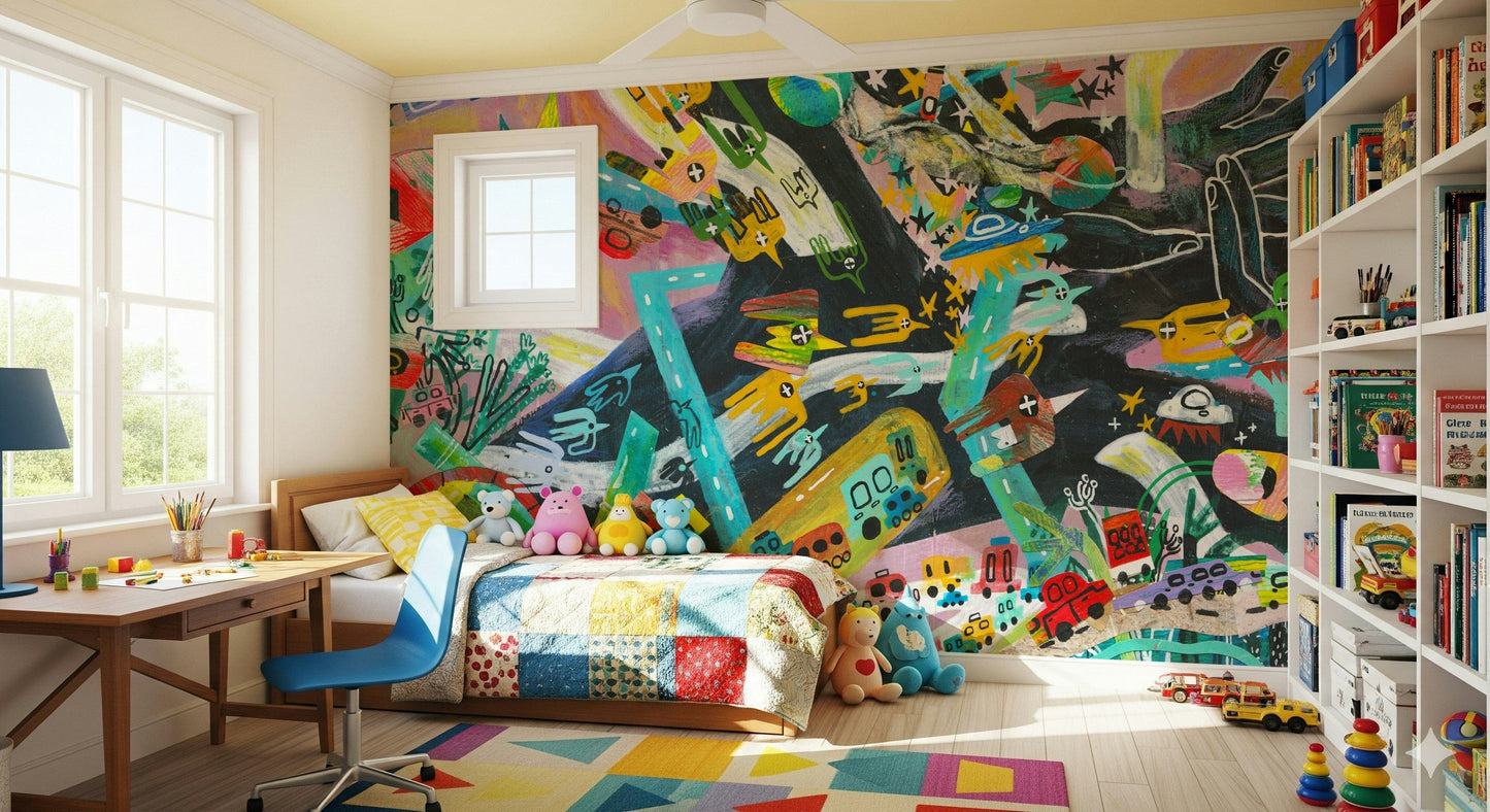 Urban Sprawl Symphony wallpaper mural of a bold cityscape in a kids room with patchwork quilt bed and blue desk chair