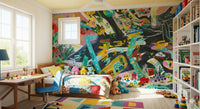 Urban Sprawl Symphony wallpaper mural of a bold cityscape in a kids room with patchwork quilt bed and blue desk chair
