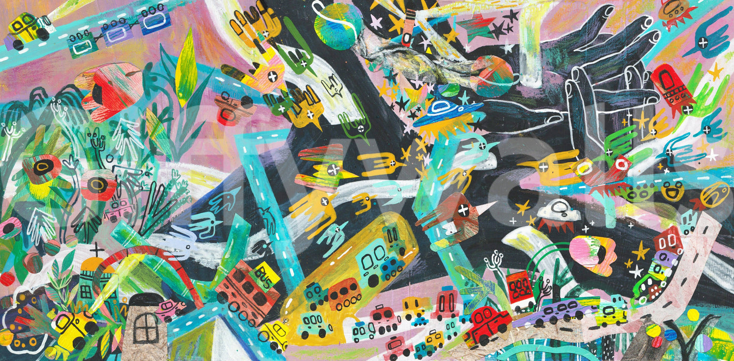 Urban Sprawl Symphony wallpaper mural shown full-wall with a vibrant painterly cityscape of buses, cars, roads and stars