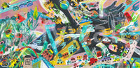 Urban Sprawl Symphony wallpaper mural shown full-wall with a vibrant painterly cityscape of buses, cars, roads and stars