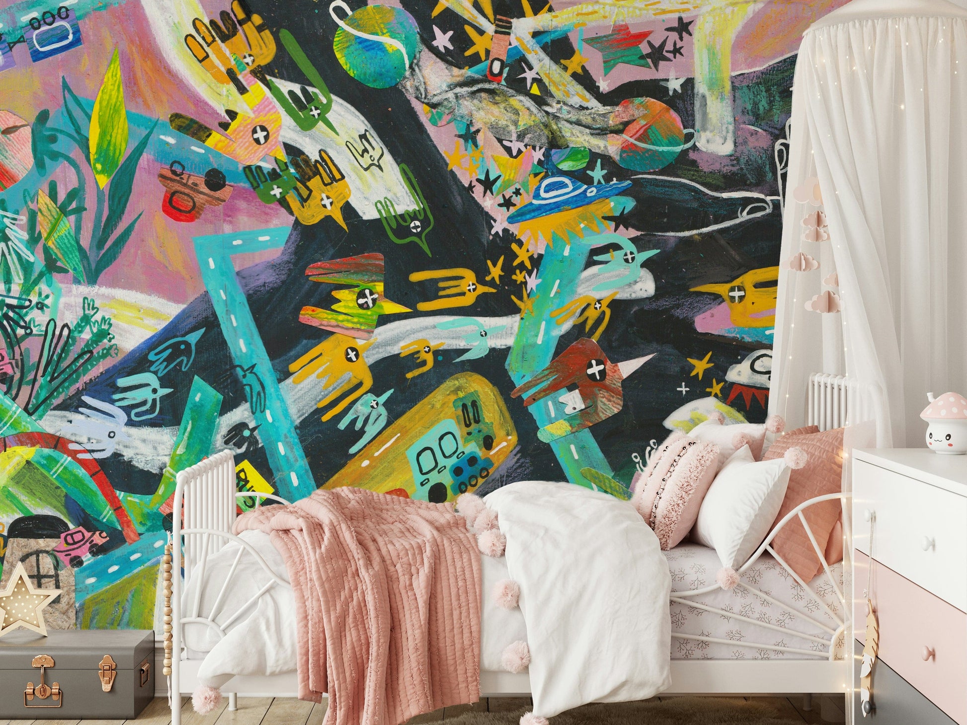 Urban Sprawl Symphony wallpaper mural of a bold abstract cityscape in a girls room with white iron canopy bed and pink bedding