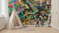 Urban Sprawl Symphony wallpaper mural of a painterly cityscape in a kids playroom with beige teepee tent and teddy bears