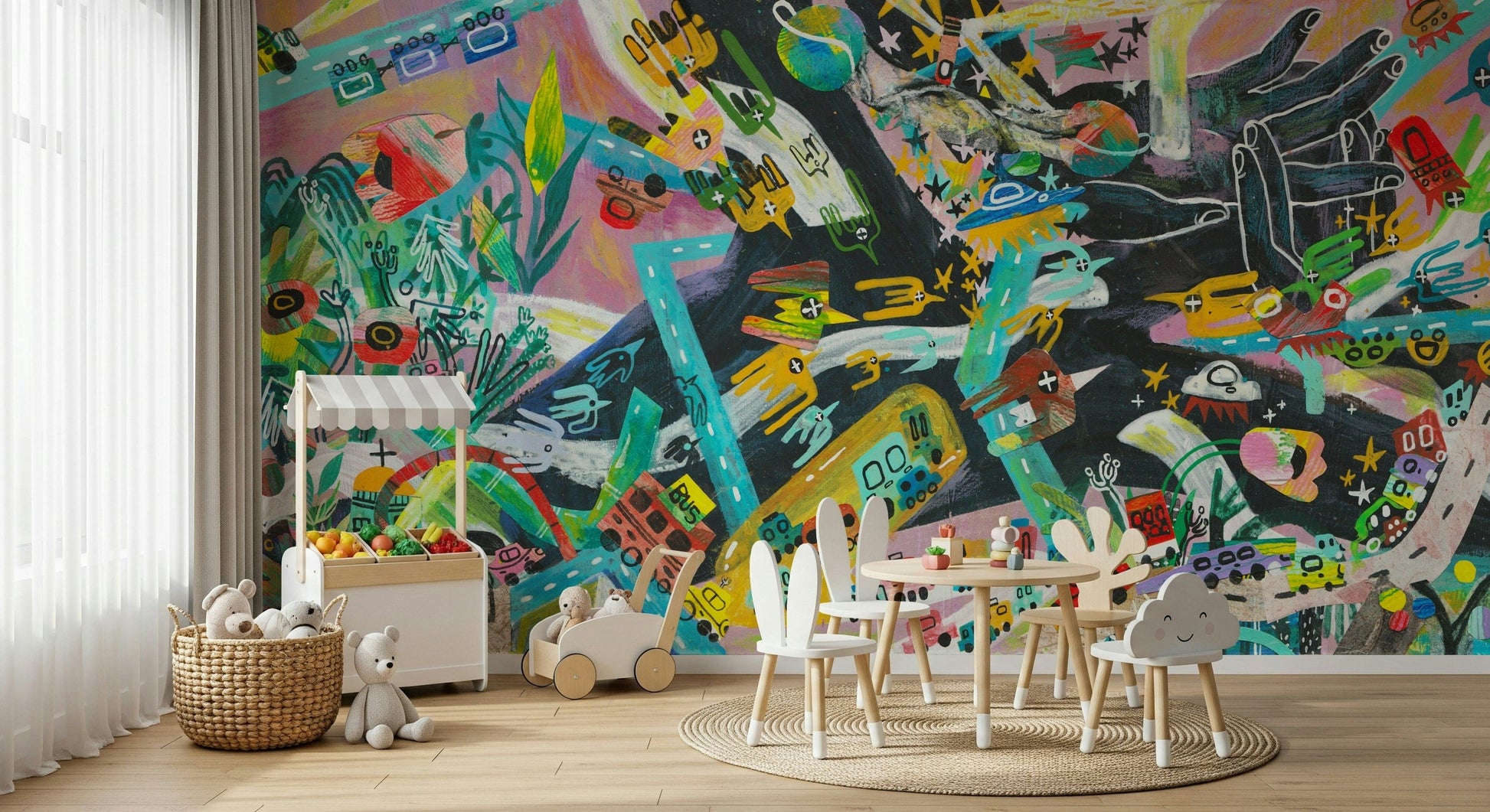 Urban Sprawl Symphony wallpaper mural with multicolor city art in a kids playroom with bunny-ear chairs and a cloud cushion