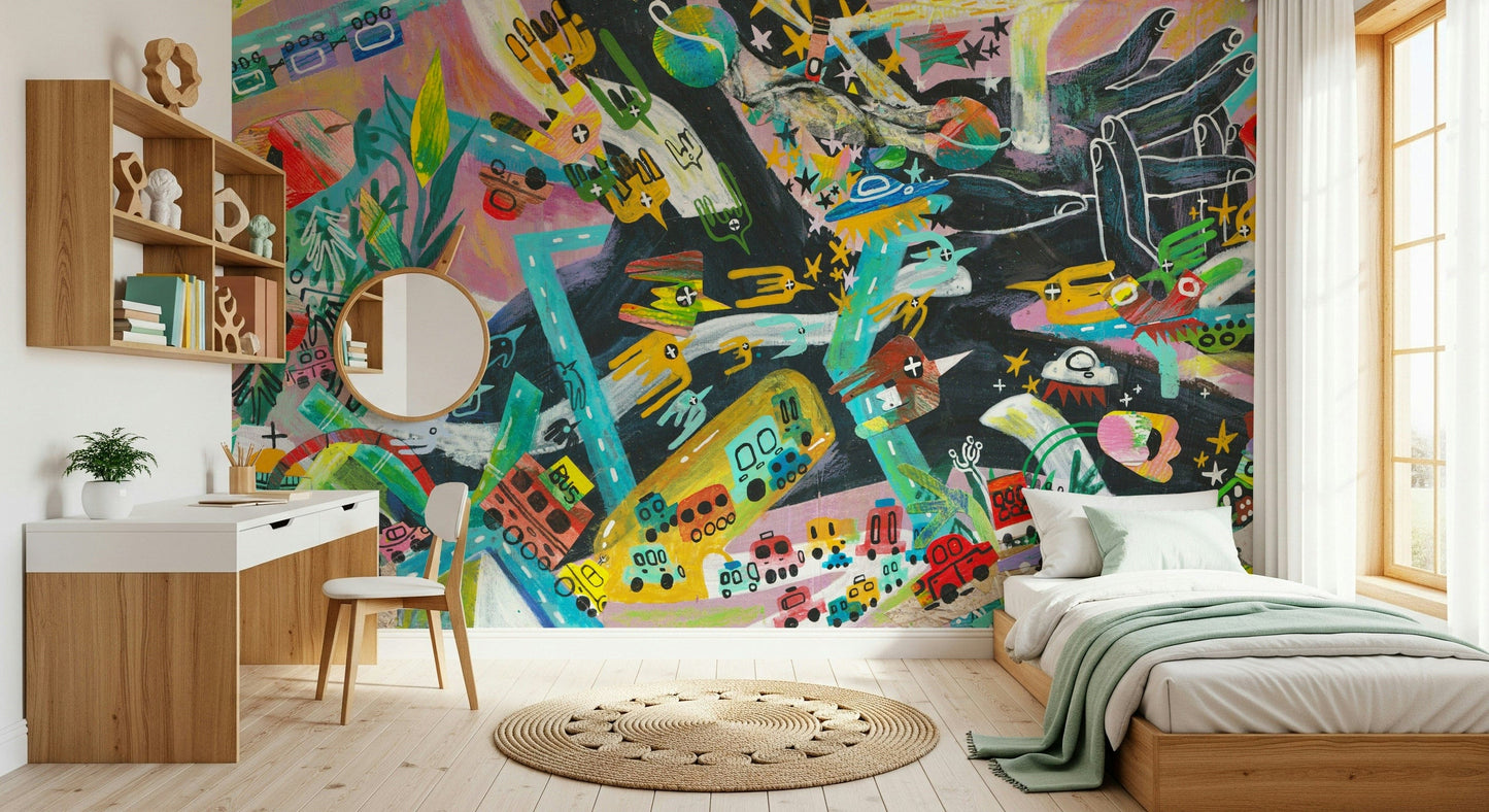 Urban Sprawl Symphony wallpaper mural with multicolor city art in a kids room with wood bed, green throw and round-mirror desk