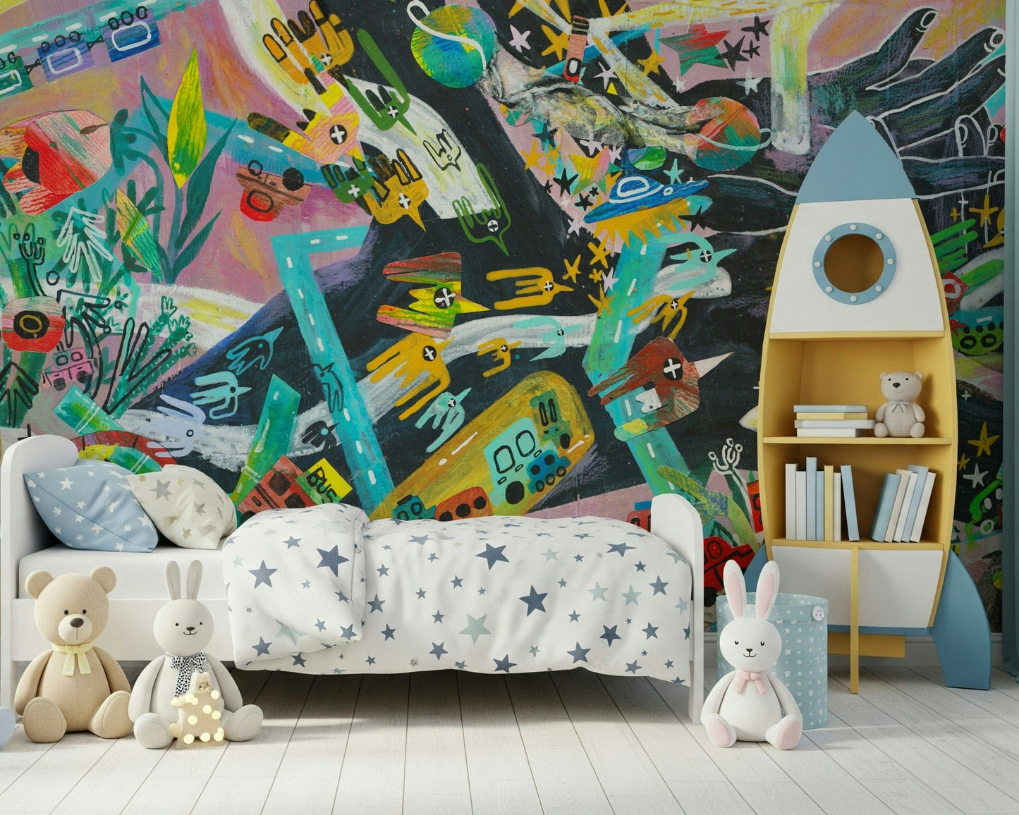 Urban Sprawl Symphony wallpaper mural with bright city art in a kids room with star bedding and a rocket-shaped bookshelf