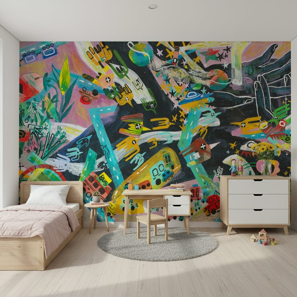 Urban Sprawl Symphony wallpaper mural with vibrant buses and roads in a kids room with wood bed, pink bedding and play table
