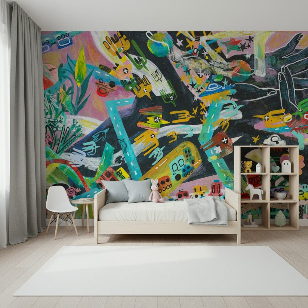 Urban Sprawl Symphony wallpaper mural of a colorful painterly cityscape in a kids room with wood daybed and cube shelf