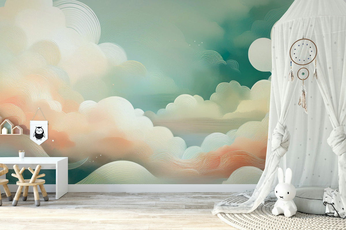 Whimsical Cloud Vista Wall Mural in a stylish flat featuring soft grey tones and velvet furniture.