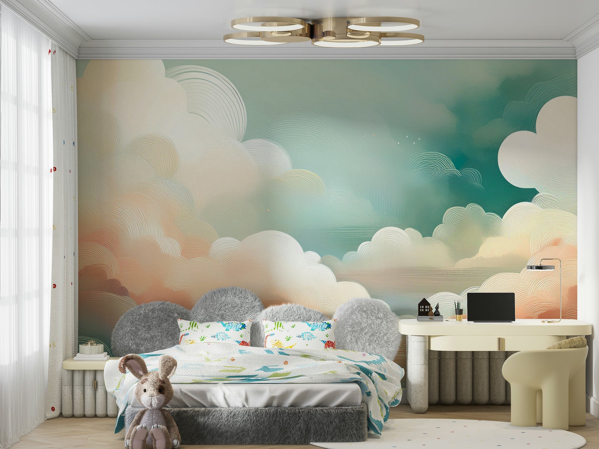 Whimsical Cloud Vista Wall Mural on a chimney breast feature wall in a classic interior.