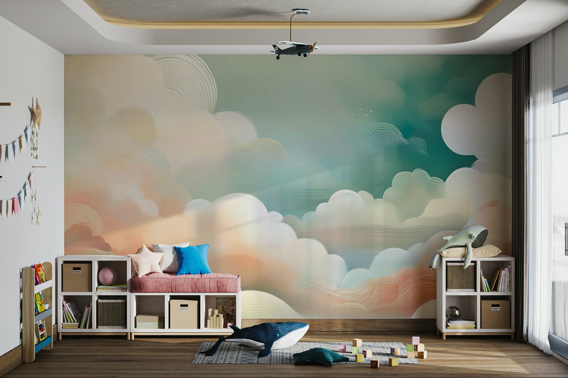 Whimsical Cloud Vista Wall Mural for a guest bedroom feature wall with white linen bedding.