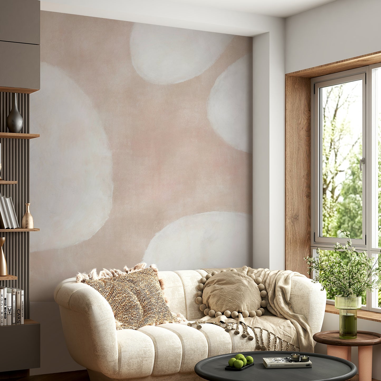 Dreamy cloud mural in soft tones

