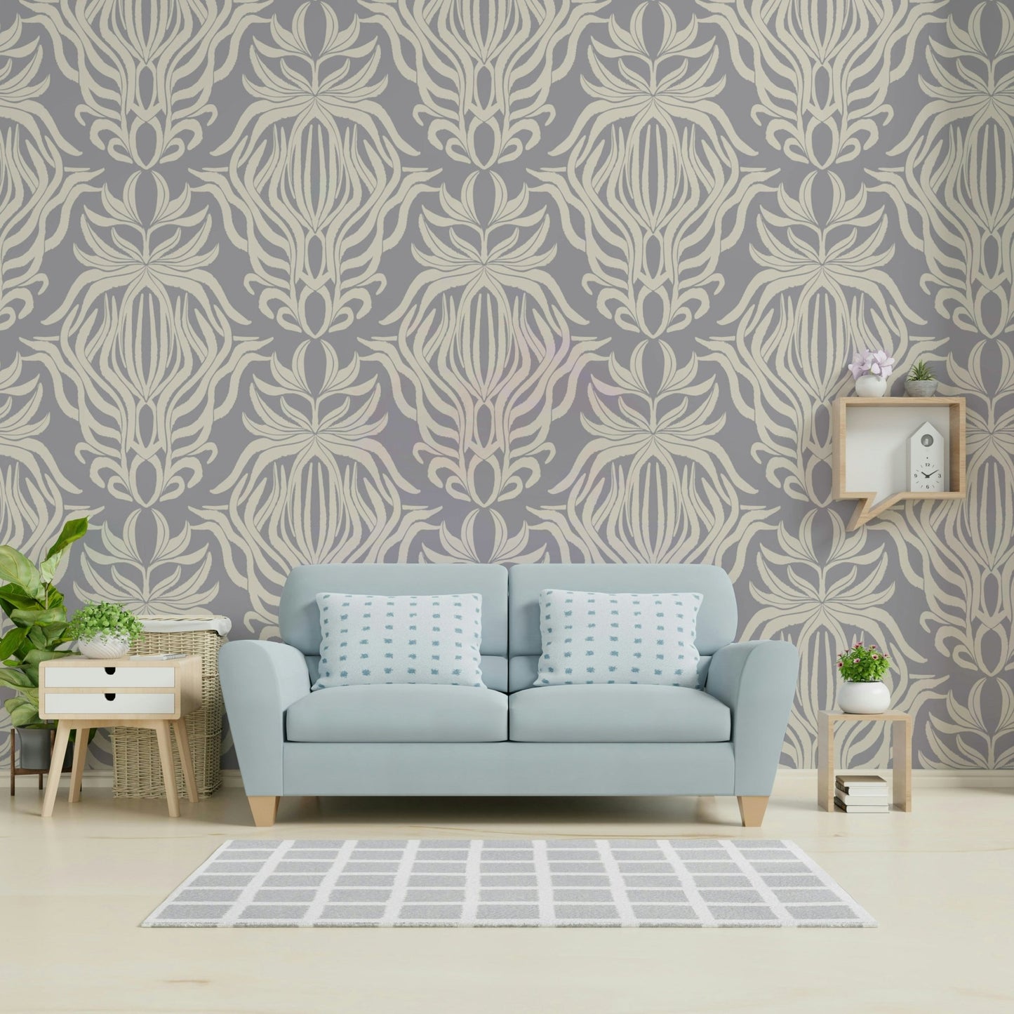 Elegant floral tapestry wallpaper in soft, whimsical tones

