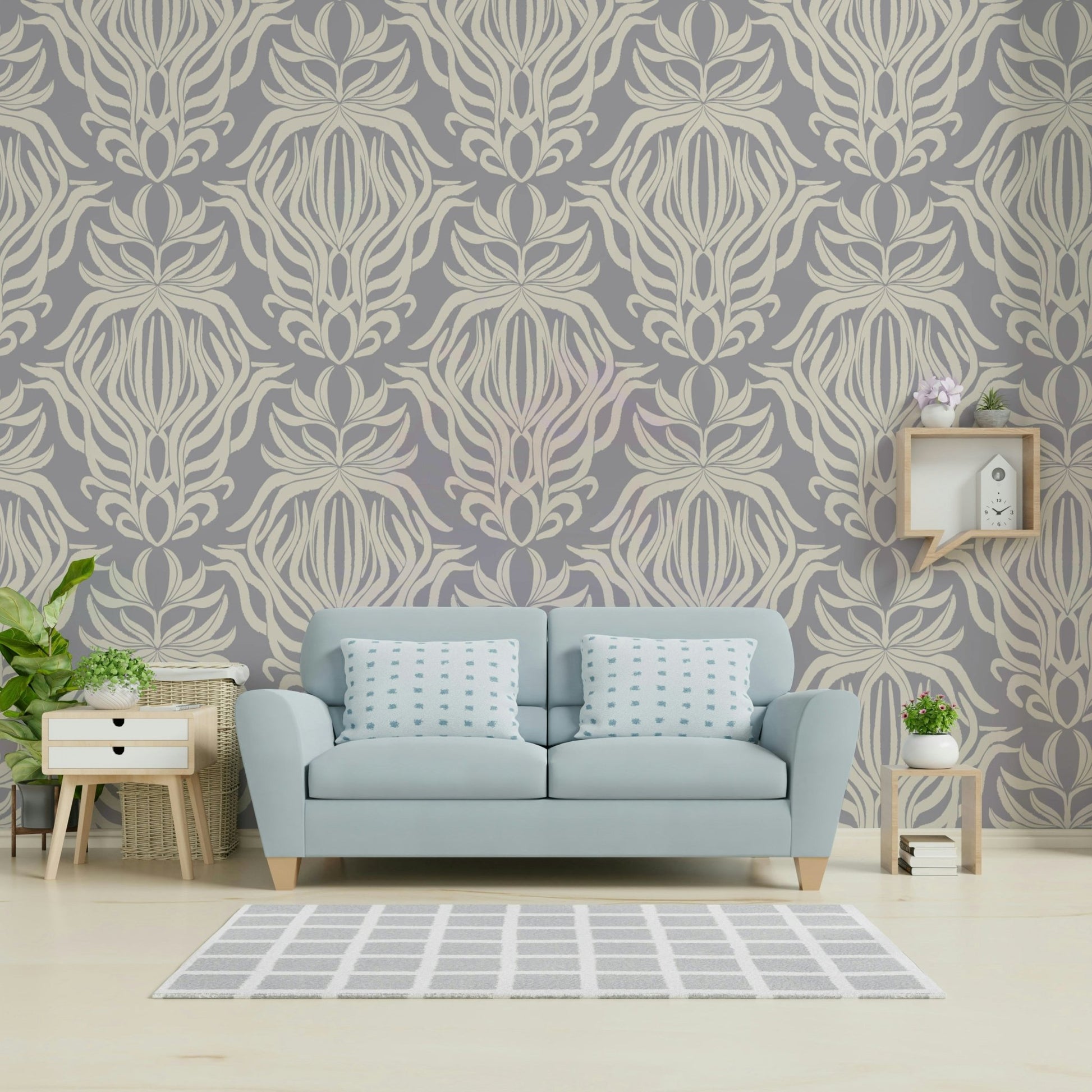 Elegant floral tapestry wallpaper in soft, whimsical tones

