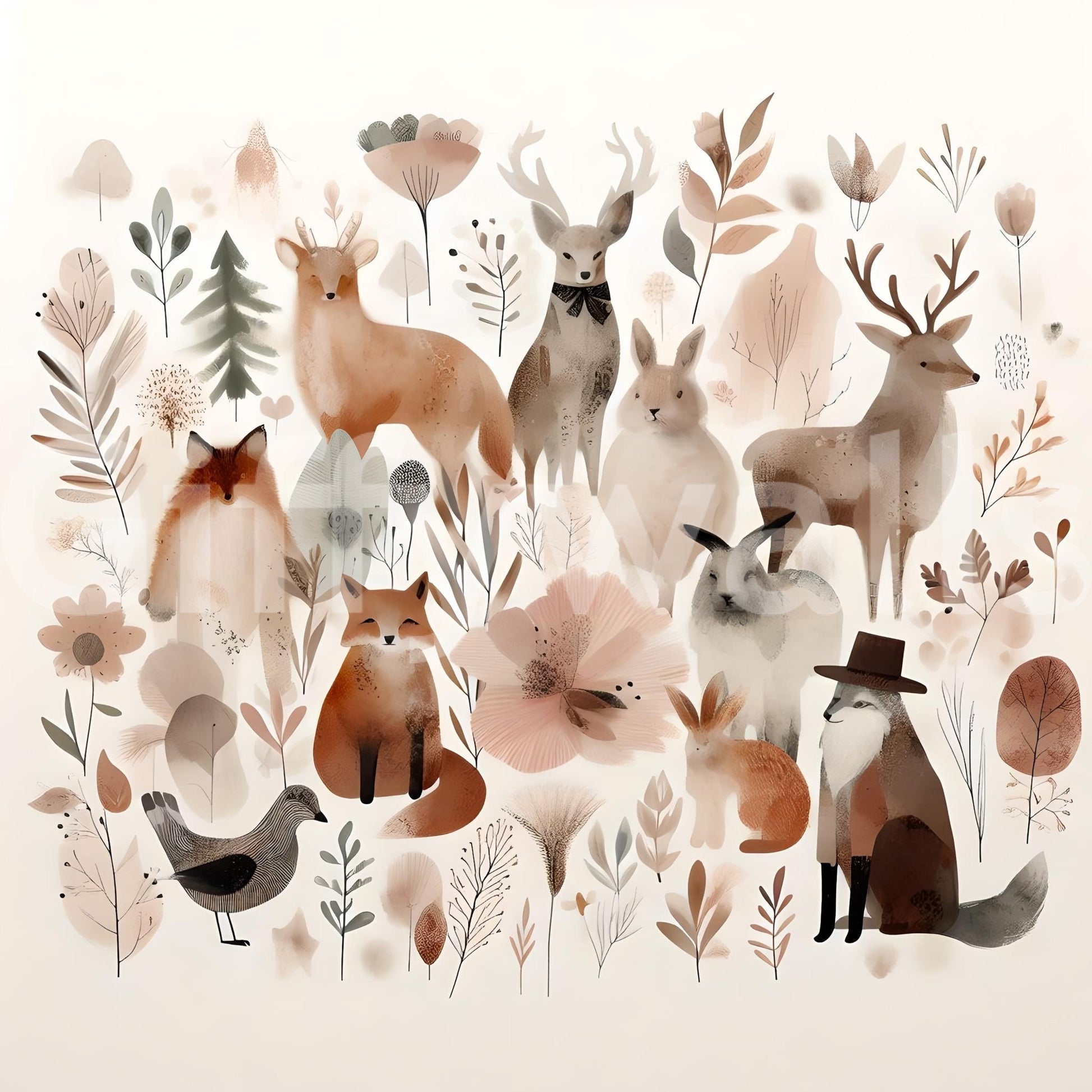 Playful and charming forest animal designs in Whimsical mural.


