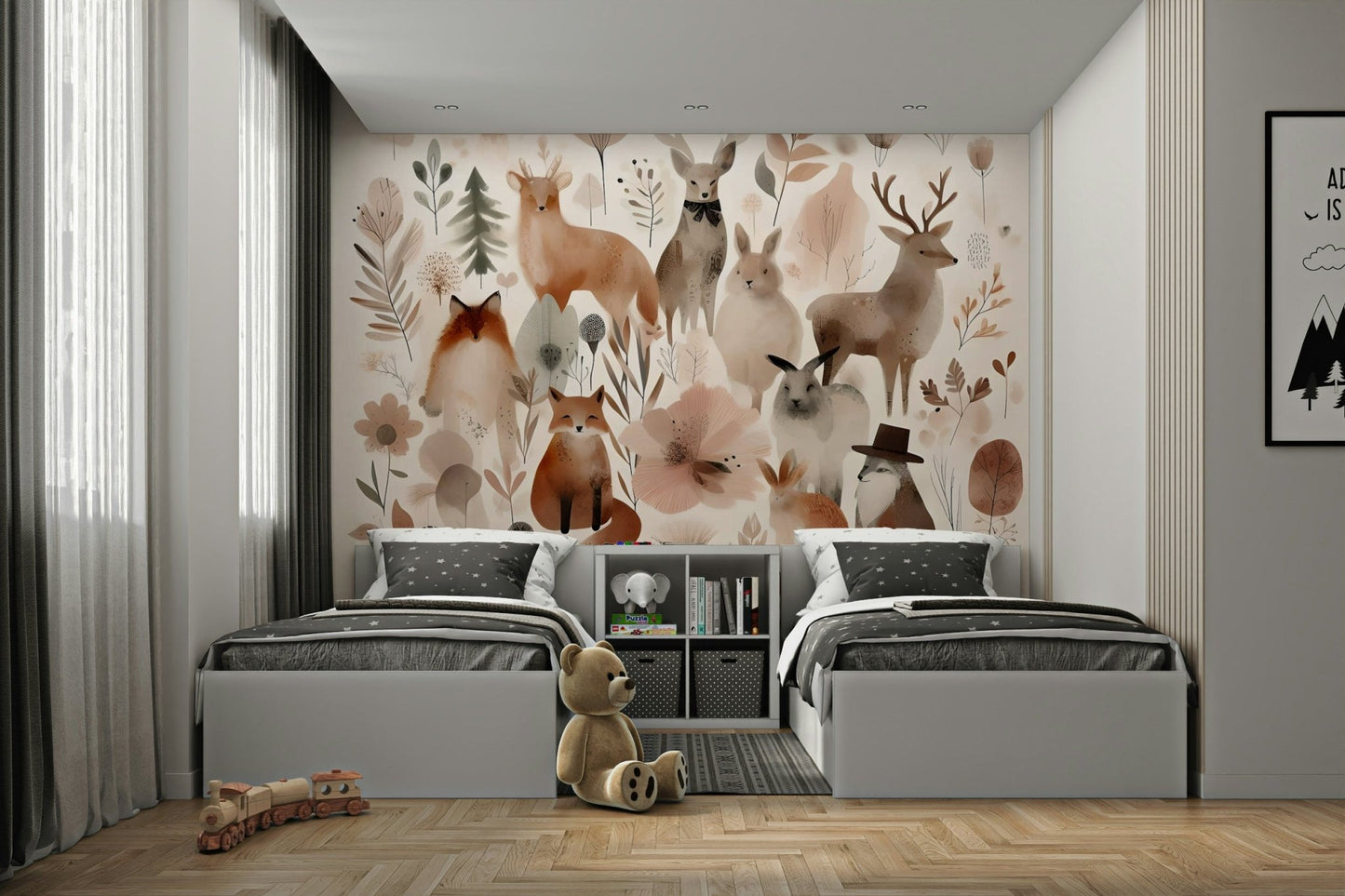 Forest scene with friendly animals for a child’s room decor.


