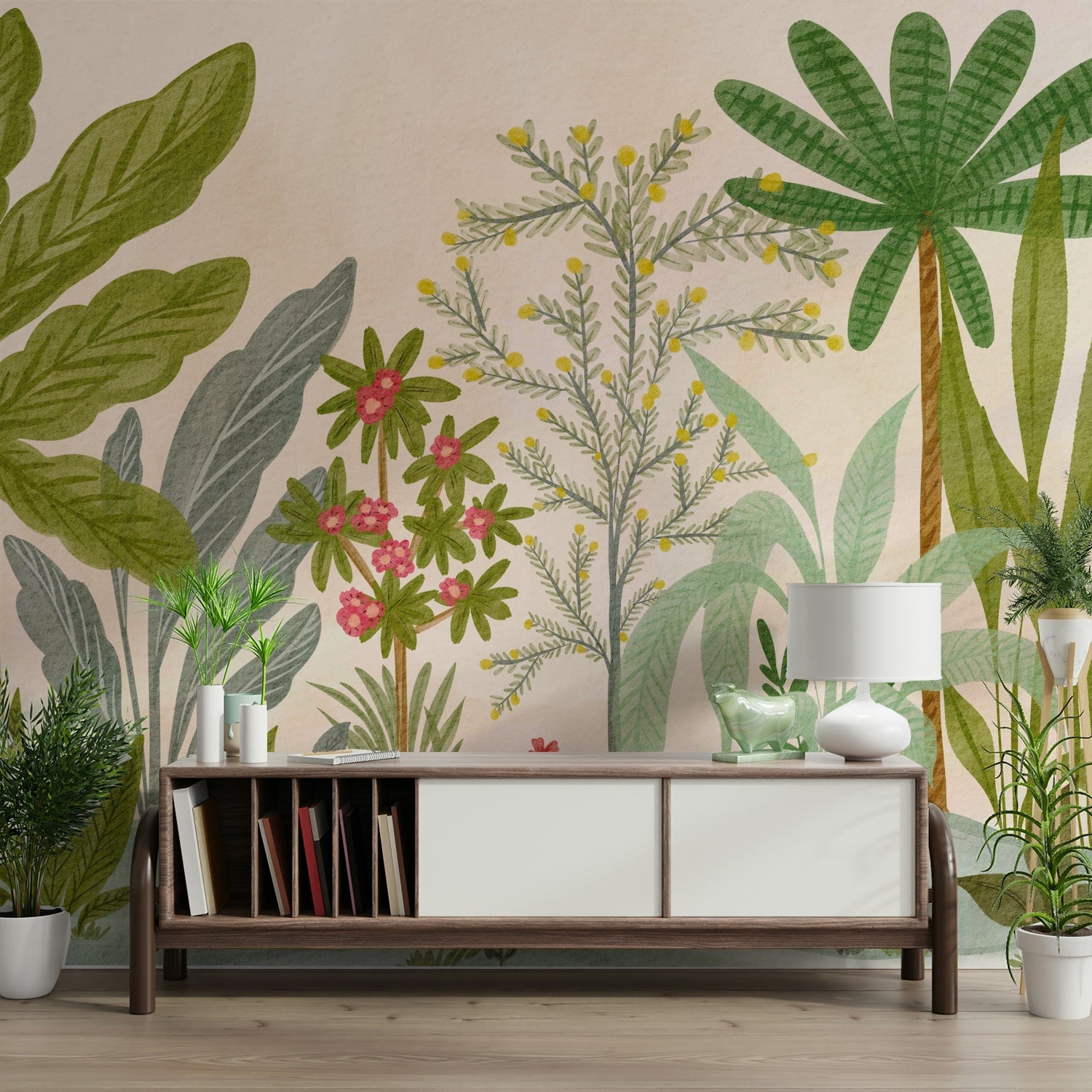 Dreamy floral mural with whimsical garden elements

