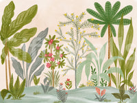 Whimsical Garden Escape wallpaper mural shown as a full-wall illustrated garden of green palms and pink flowers on cream