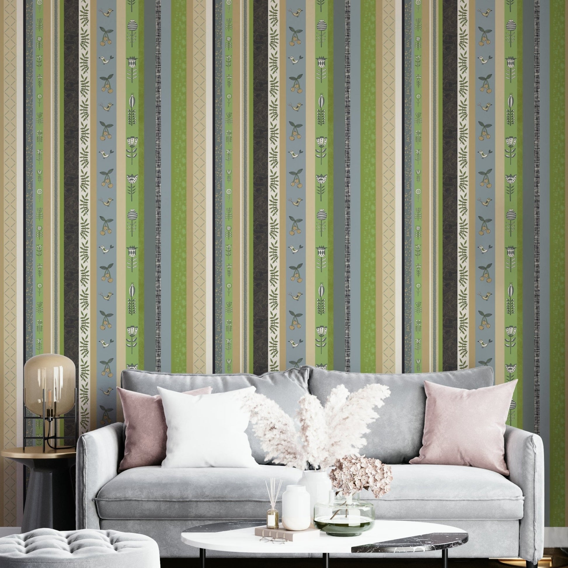 Whimsical Garden Stripes mural for a bedroom.

