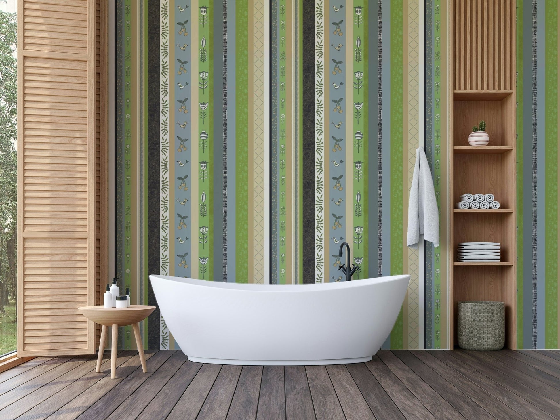 Striped wallpaper with a whimsical garden theme.

