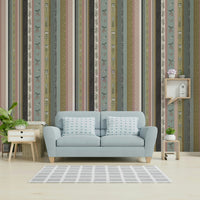 Wallpaper with a mix of soft pink, green, and gray.

