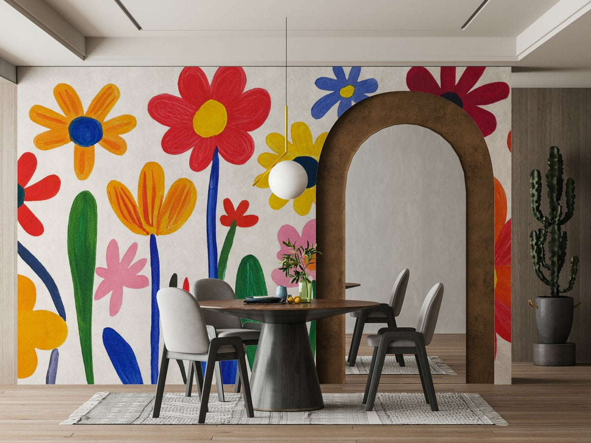 Oversized paper-cut blooms in cheerful tones

