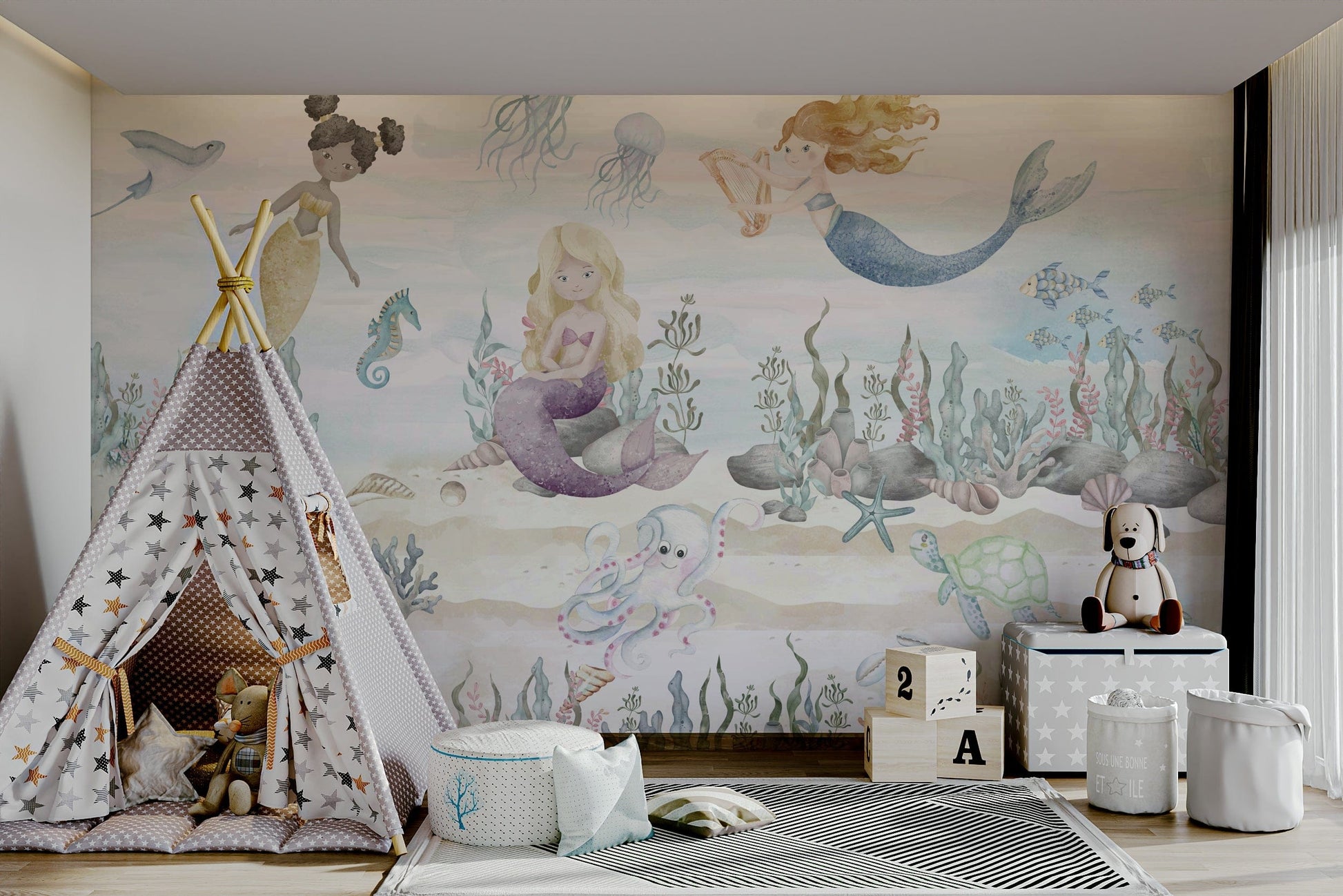 A peaceful wall mural with a whimsical underwater scene.

