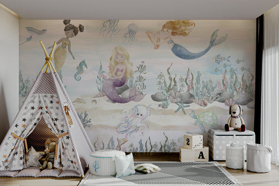 A peaceful wall mural with a whimsical underwater scene.

