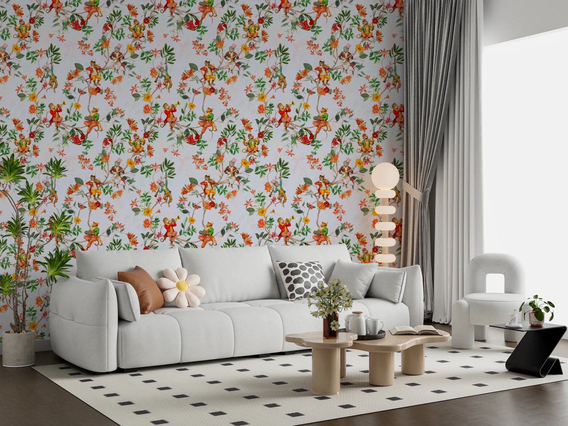 Whimsical Monkeys Playing Music Vintage Exotic Fun Garden blue Wallpaper⁠