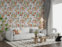 Whimsical Monkeys Playing Music Vintage Exotic Fun Garden blue Wallpaper⁠