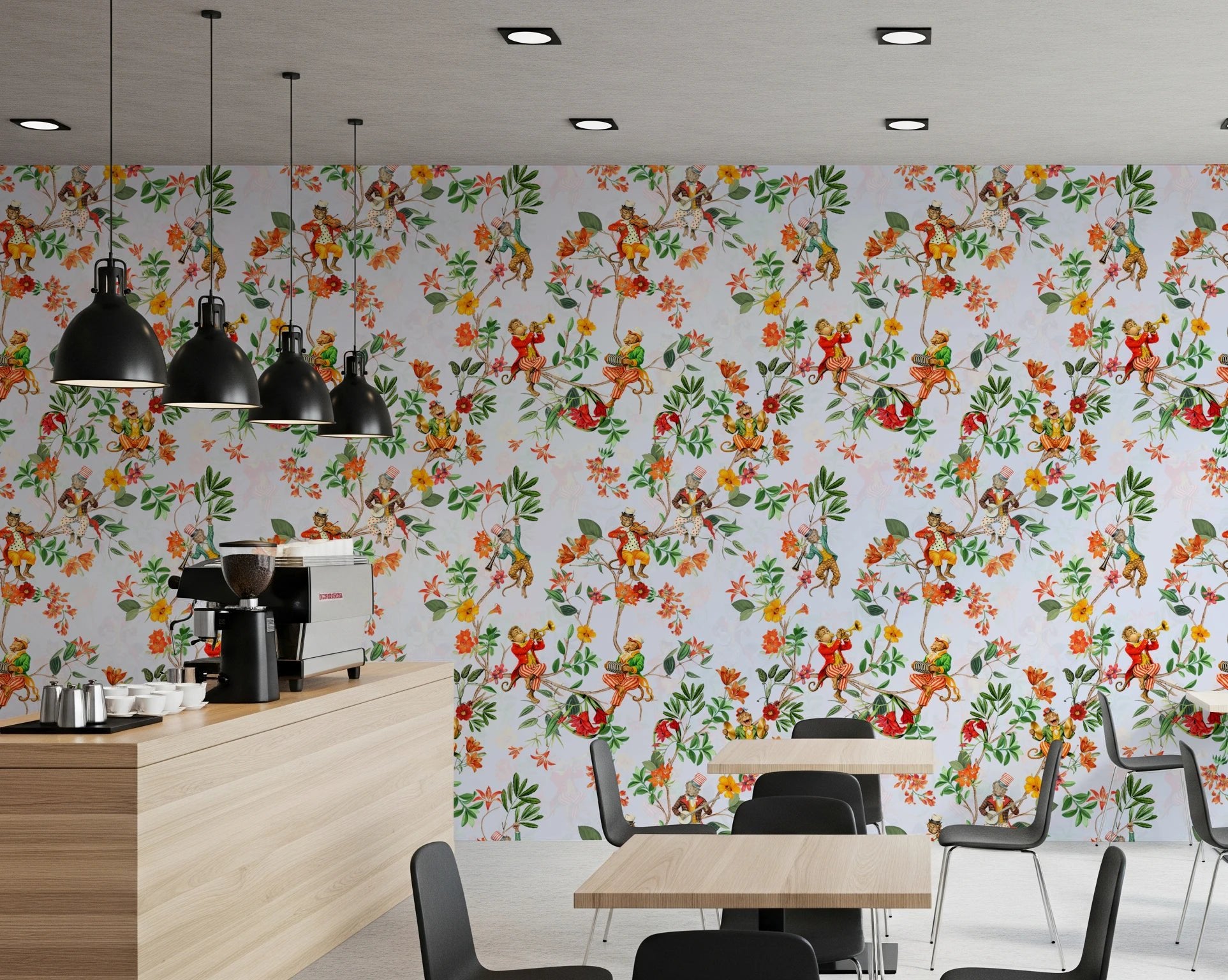 Whimsical Monkeys Playing Music Vintage Exotic Fun Garden blue Wallpaper⁠