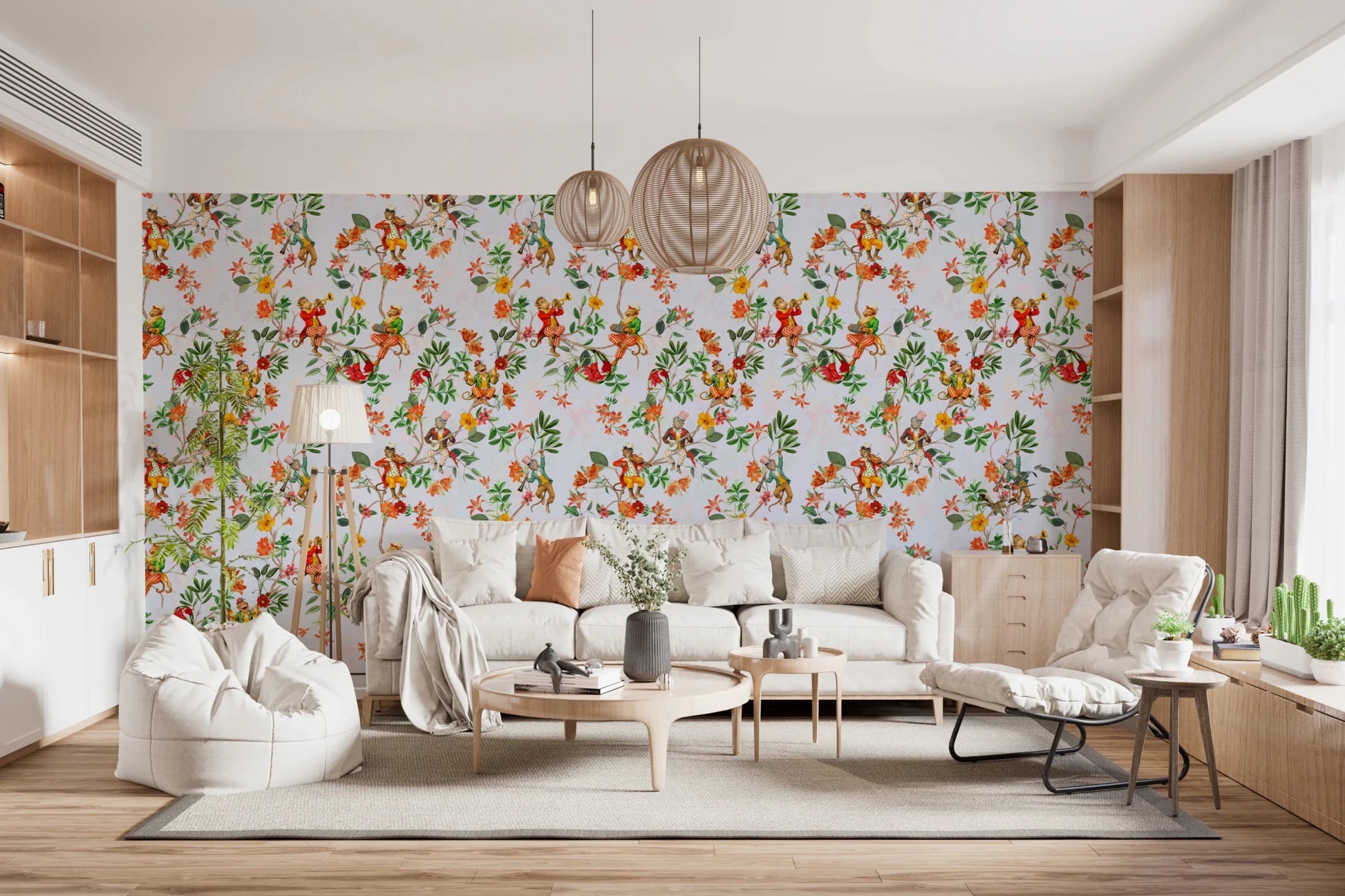Whimsical Monkeys Playing Music Vintage Exotic Fun Garden blue Wallpaper⁠