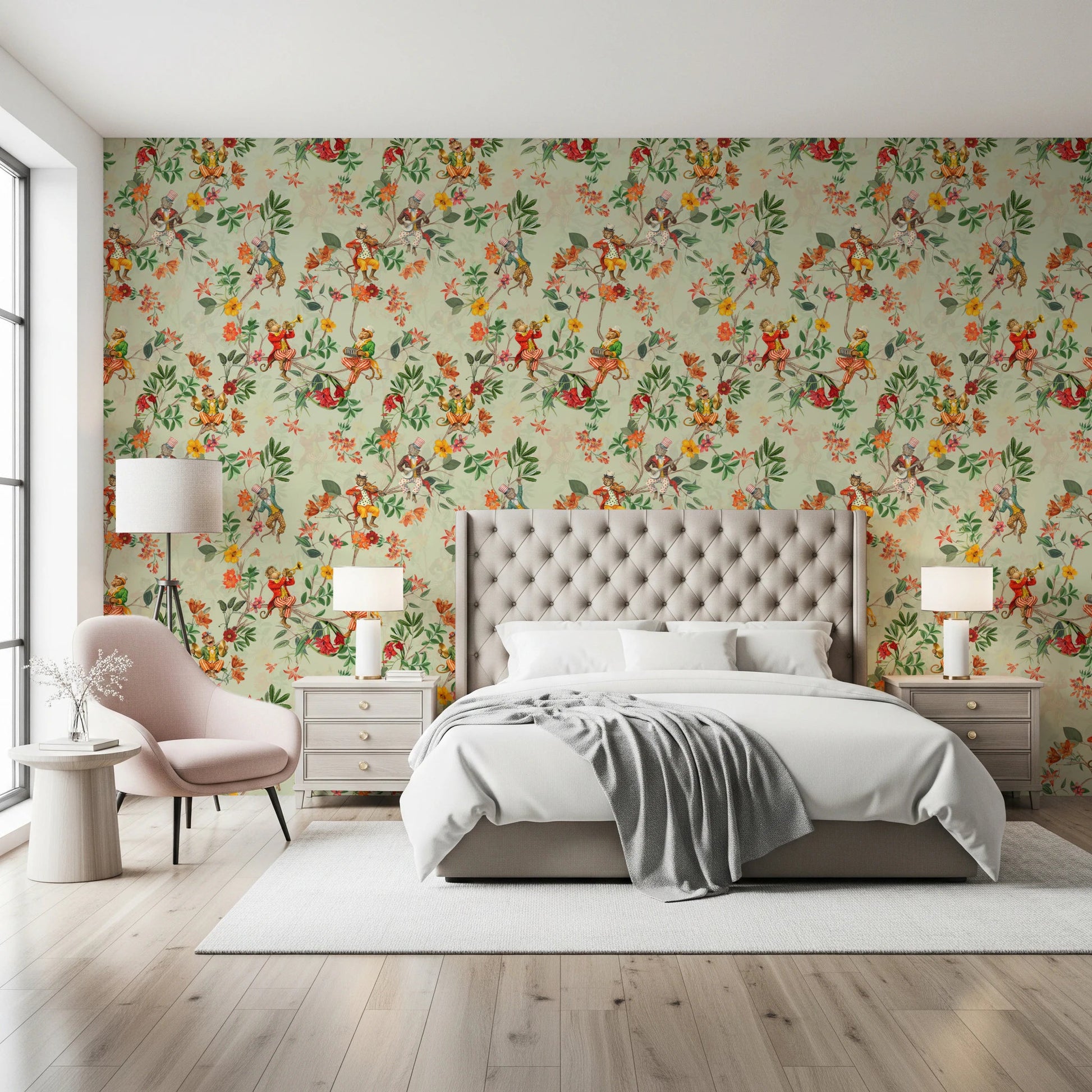 Whimsical Monkeys Playing Music Vintage Exotic Fun Garden green Wallpaper⁠