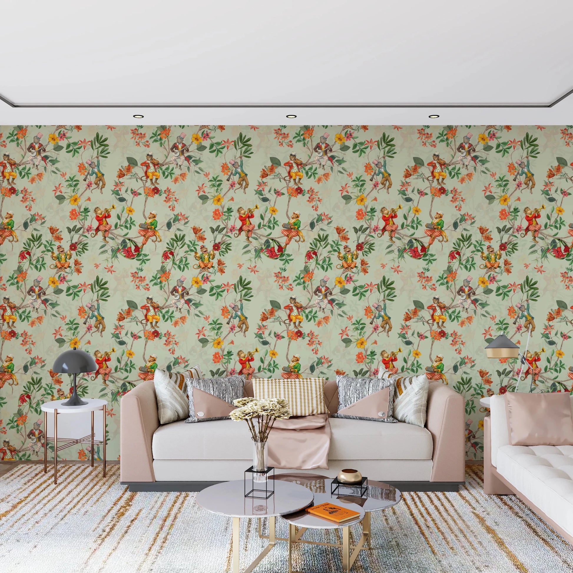 Whimsical Monkeys Playing Music Vintage Exotic Fun Garden green Wallpaper⁠