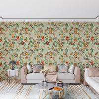 Whimsical Monkeys Playing Music Vintage Exotic Fun Garden green Wallpaper⁠