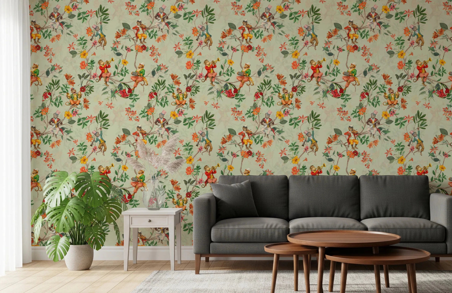 Whimsical Monkeys Playing Music Vintage Exotic Fun Garden green Wallpaper⁠