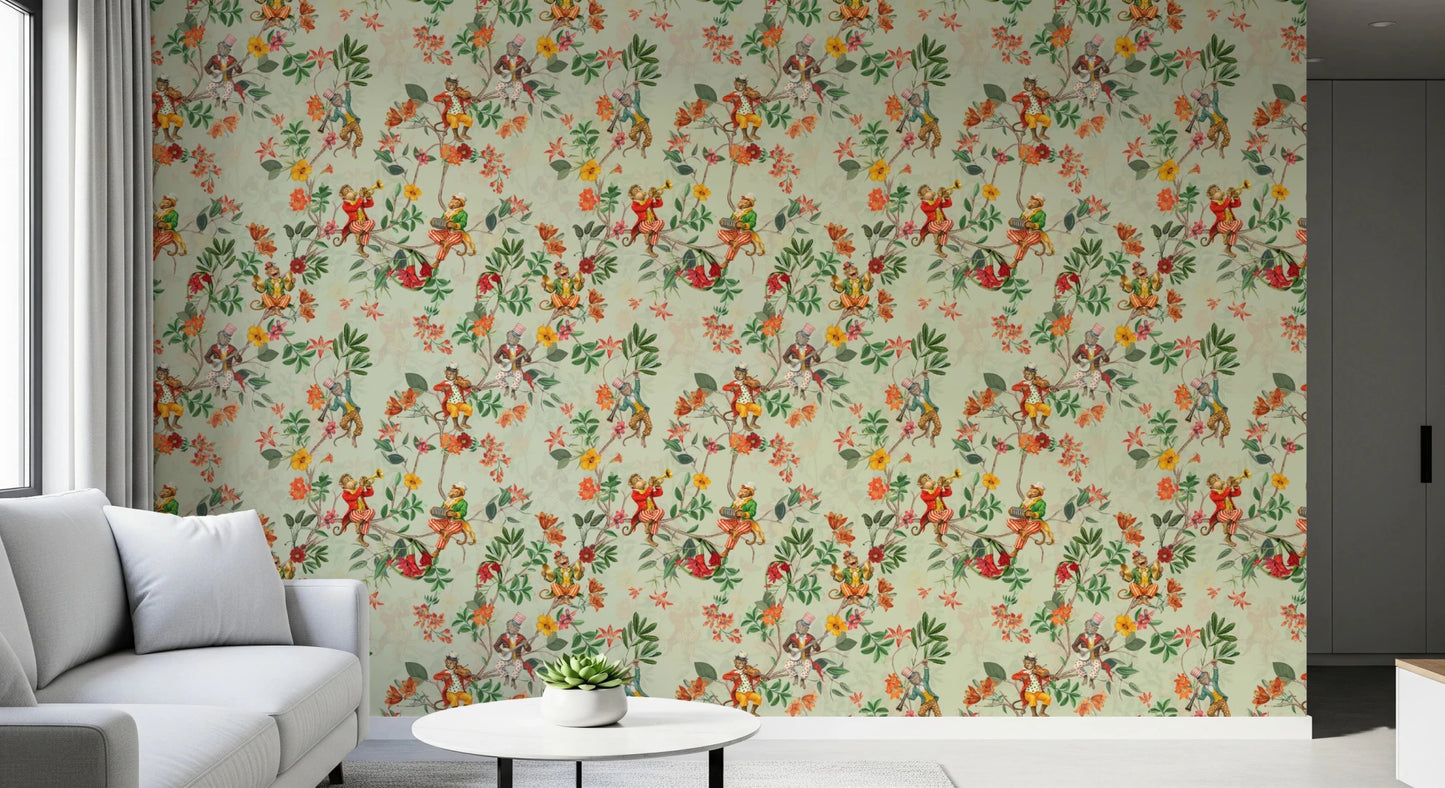 Whimsical Monkeys Playing Music Vintage Exotic Fun Garden green Wallpaper⁠
