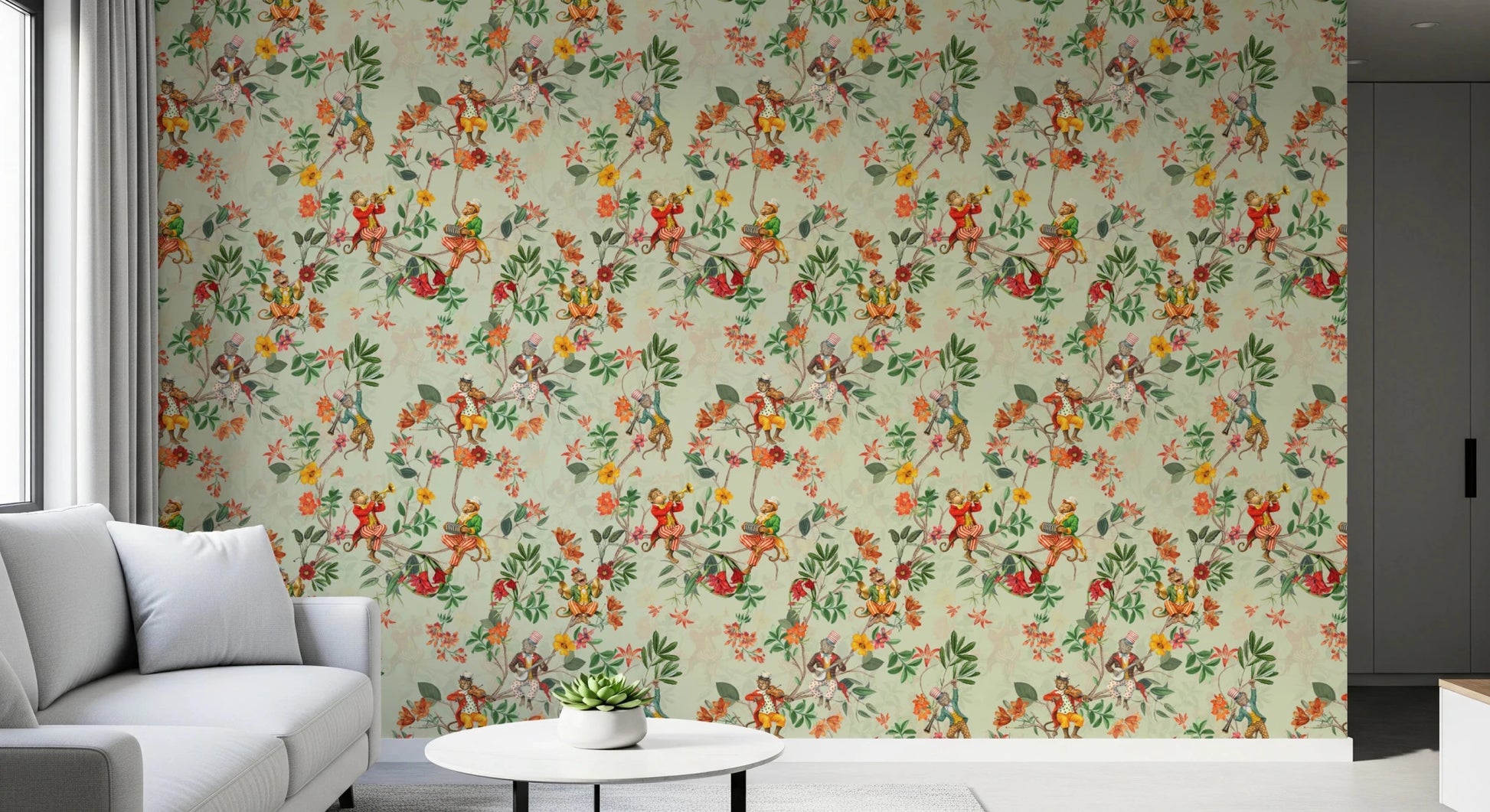 Whimsical Monkeys Playing Music Vintage Exotic Fun Garden green Wallpaper⁠
