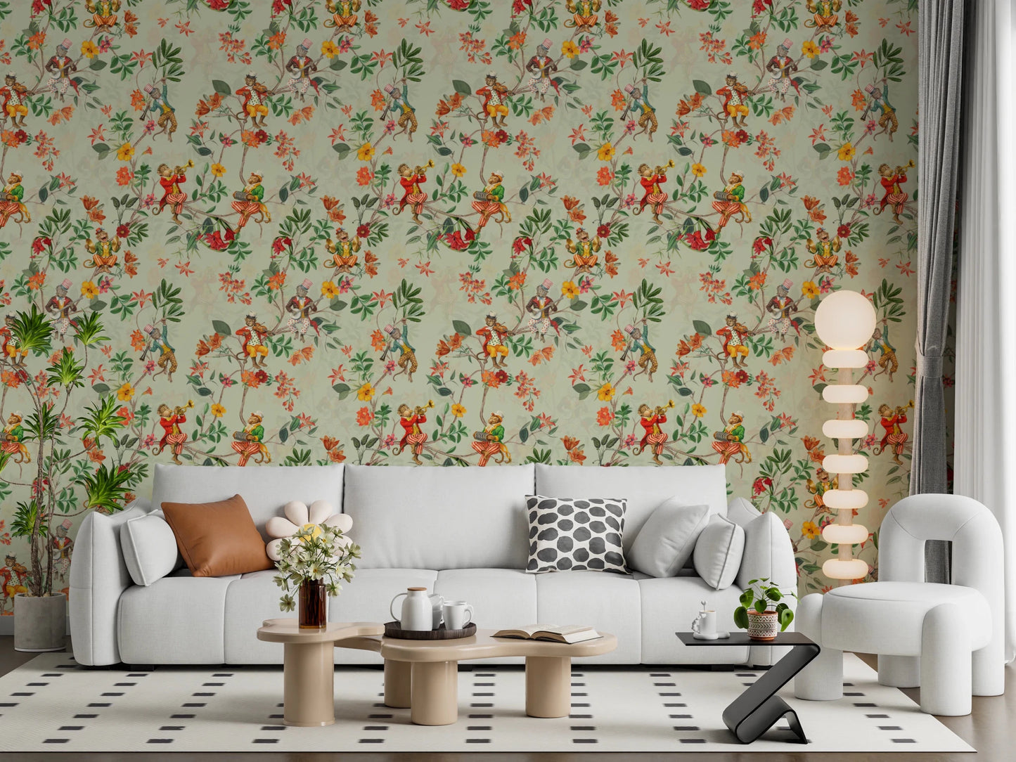 Whimsical Monkeys Playing Music Vintage Exotic Fun Garden green Wallpaper⁠