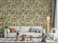 Whimsical Monkeys Playing Music Vintage Exotic Fun Garden green Wallpaper⁠