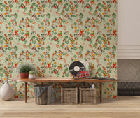 Whimsical Monkeys Playing Music Vintage Exotic Fun Garden green Wallpaper⁠