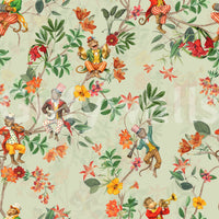 Whimsical Monkeys Playing Music Vintage Exotic Fun Garden green Wallpaper⁠