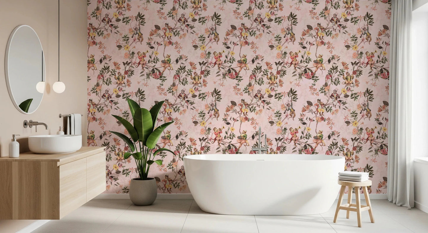 Whimsical Monkeys Playing Music Vintage Exotic Fun Garden pink Wallpaper⁠