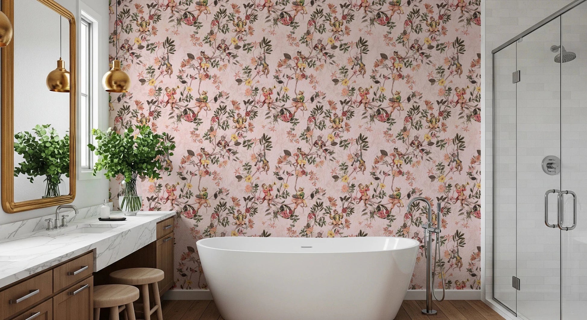 Whimsical Monkeys Playing Music Vintage Exotic Fun Garden pink Wallpaper⁠