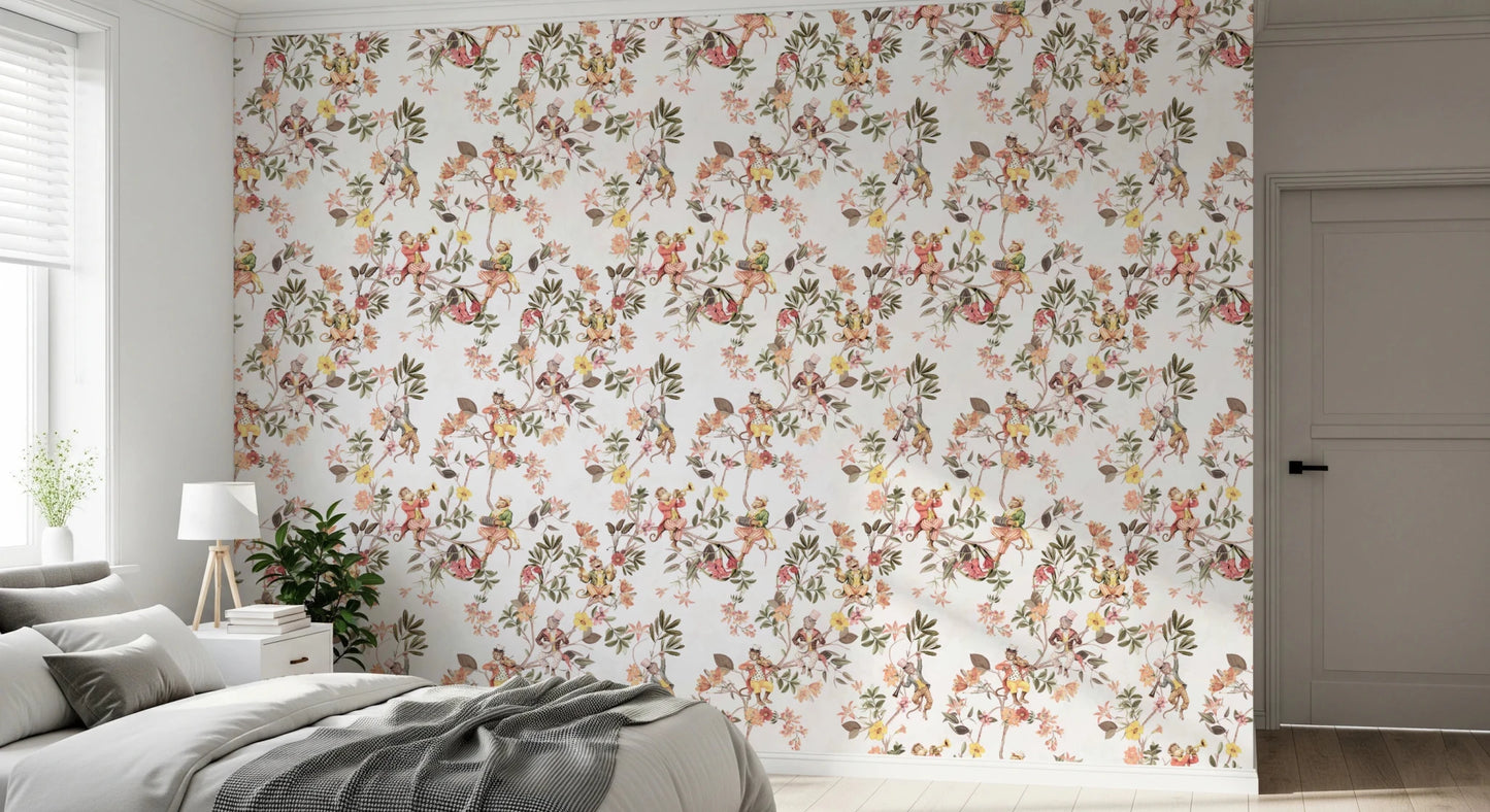 Whimsical Monkeys Playing Music Vintage Exotic Fun Garden white Wallpaper⁠