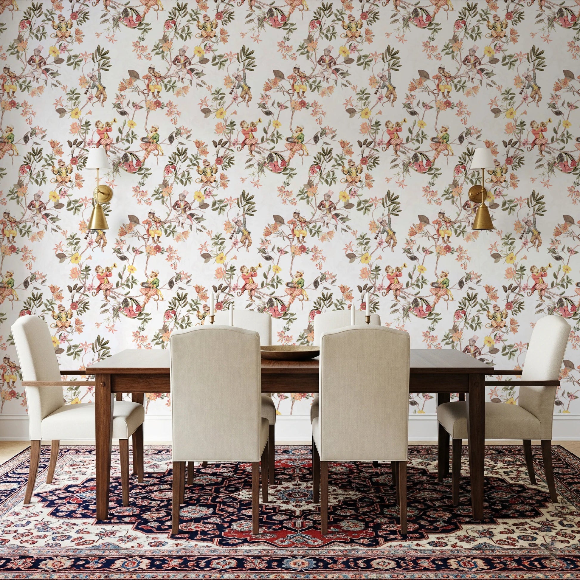 Whimsical Monkeys Playing Music Vintage Exotic Fun Garden white Wallpaper⁠